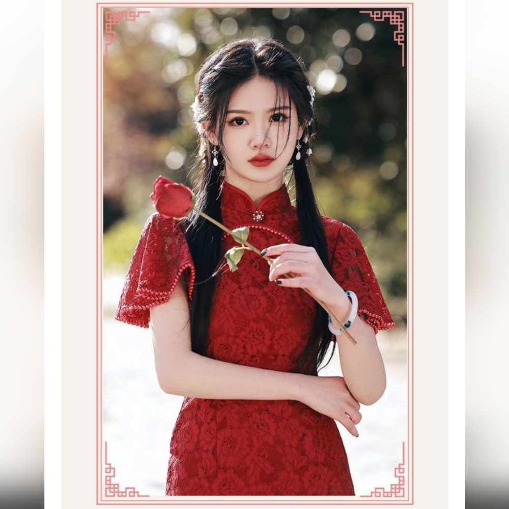 Red Lace Traditional Chinese Qipao / Cheongsam with Flutter Sleeves (NWT)